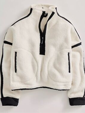 Free People Cream Teddy Half-Zip Jacket with Black Trim